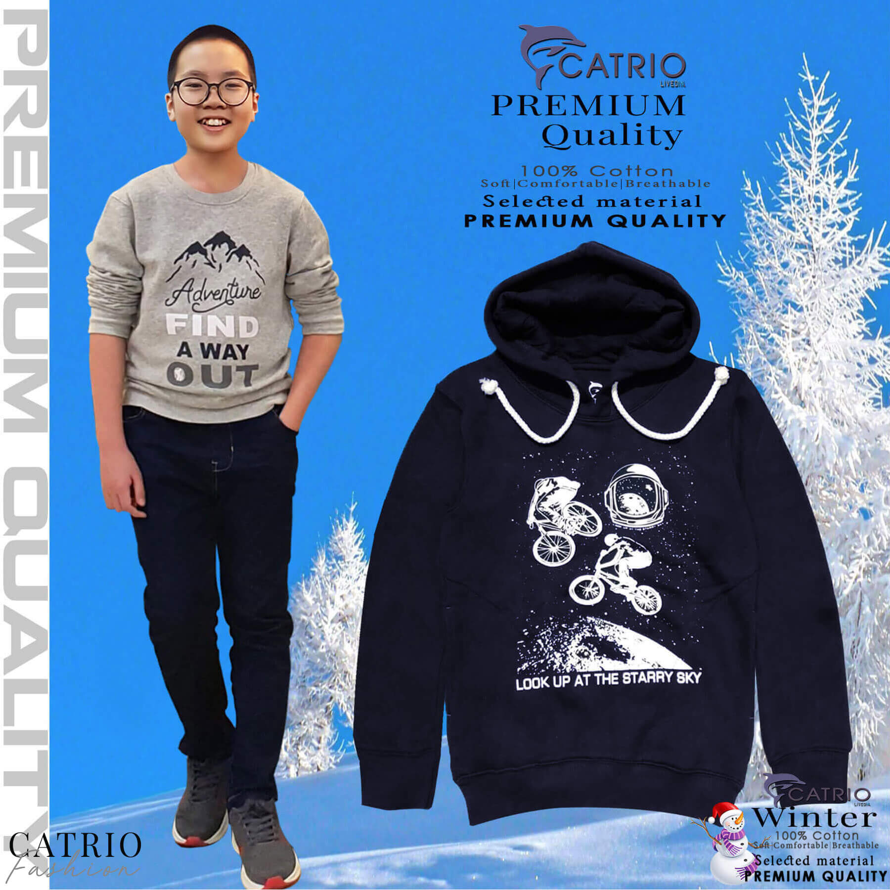 ÁO HOODIES TRẺ EM CATRIO in XE ĐẠP BAY là áo thun dài tay có mũ có túi thời trang, vải 100% cotton dày, ấm mùa thu đông phù hợp với trẻ em bé trai, bé gái 9 tuổi 32kg-34kg kết hợp quần dài cotton CATRIO thành bộ đồ đẹp MÀU NAVY