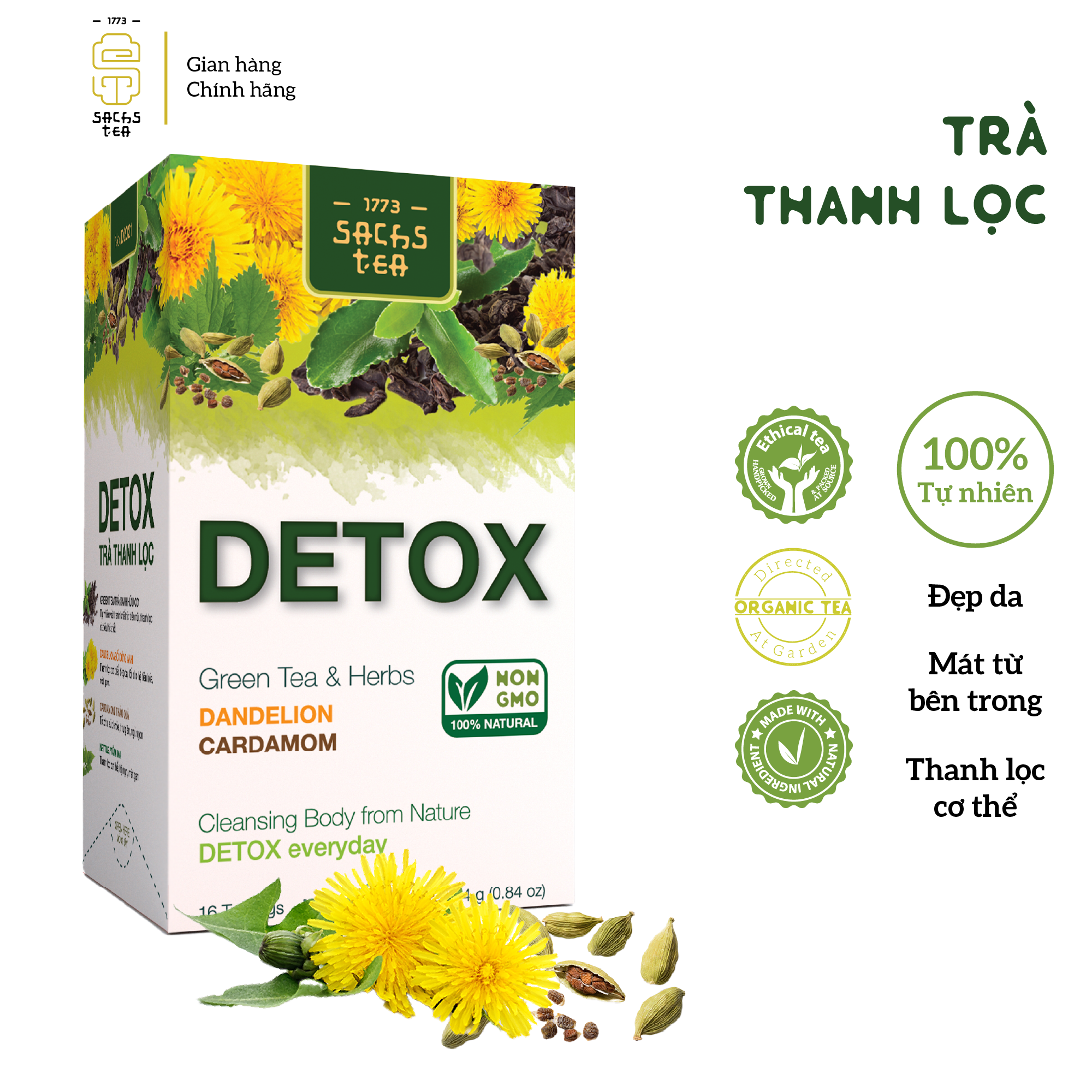 Trà thanh lọc Detox D2021 SACHS TEA 1773 thanh nhiệt, thải độc, mát gan, giúp đẹp da, lợi tiểu thành phần thảo dược tự nhiên 16 túi lọc/hộp