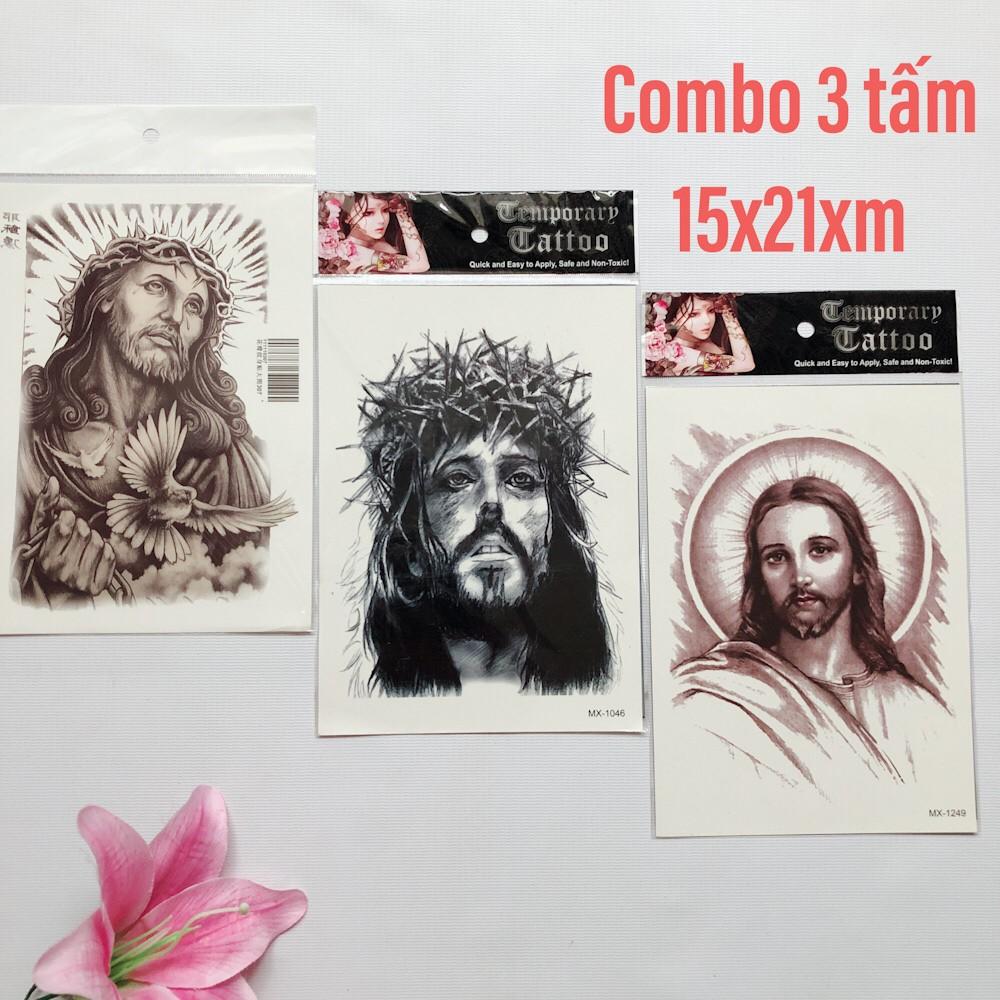Combo 3 miếng hình xăm đức chúa trắng đen 15x22cm- mua 2 combo tặng 10x20cm