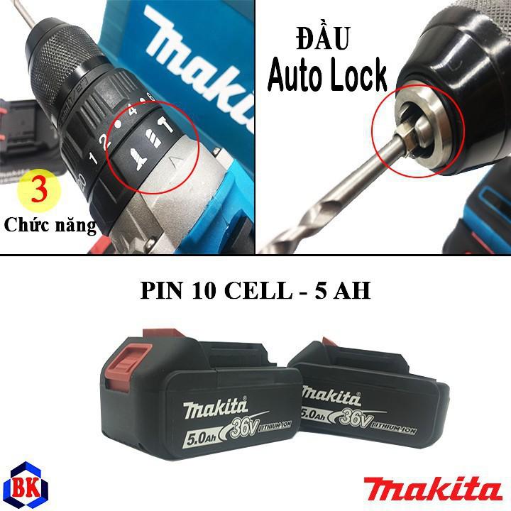 Bộ máy khoan pin makita 36V có búa khoan tường - pin khủng 10 cell - không chổi than - tặng ngay mũi khoan - có bảo hanh