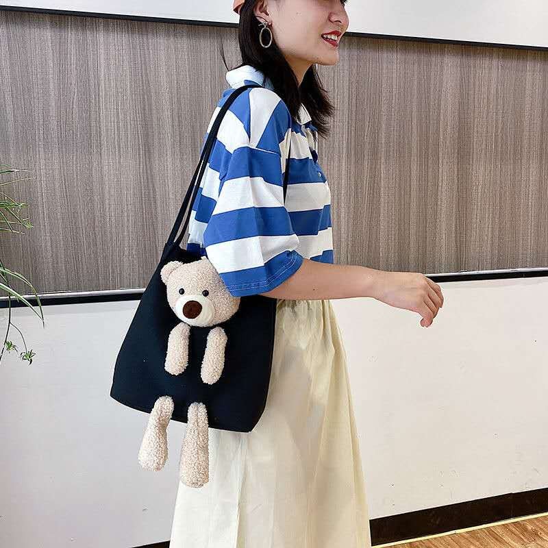 【FDM】Túi tote đeo vai bằng vải bố sức chứa lớn hình gấu dễ thương thời trang
