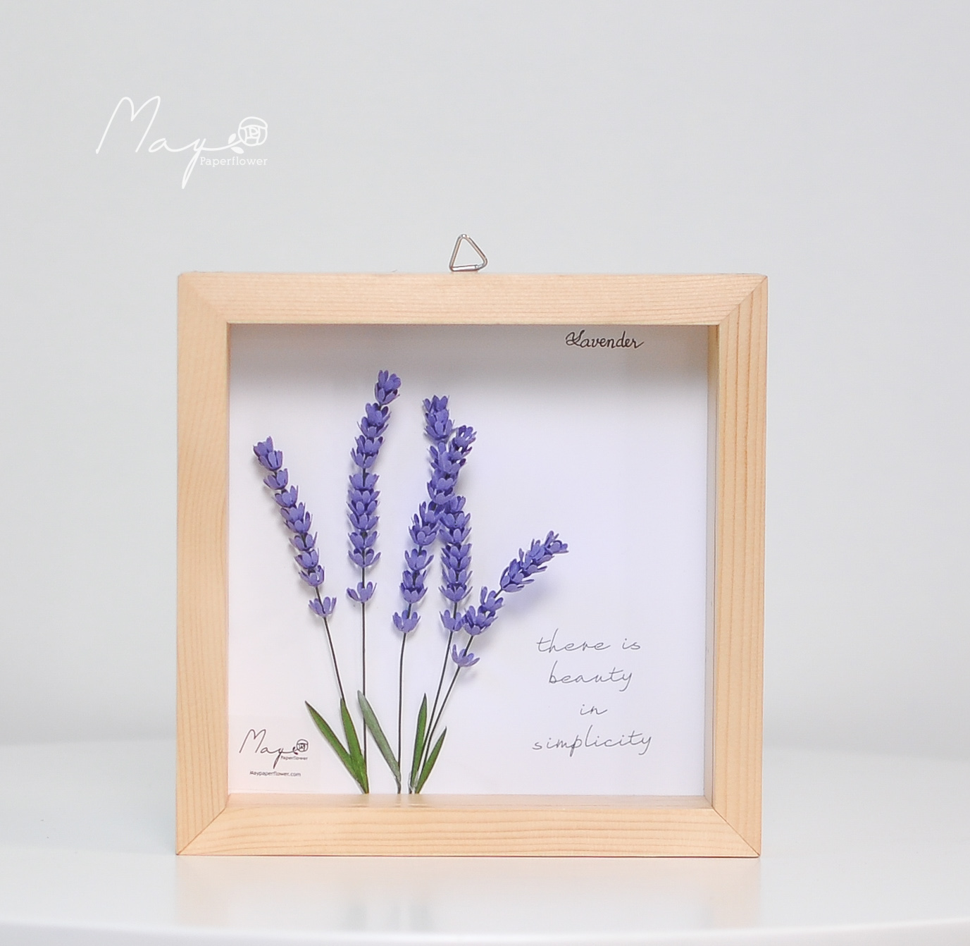 Tranh Hoa Giấy Handmade Trang Trí - Hoa Oải Hương MAYPAPERFLOWER Khung Gỗ Size 19x19cm