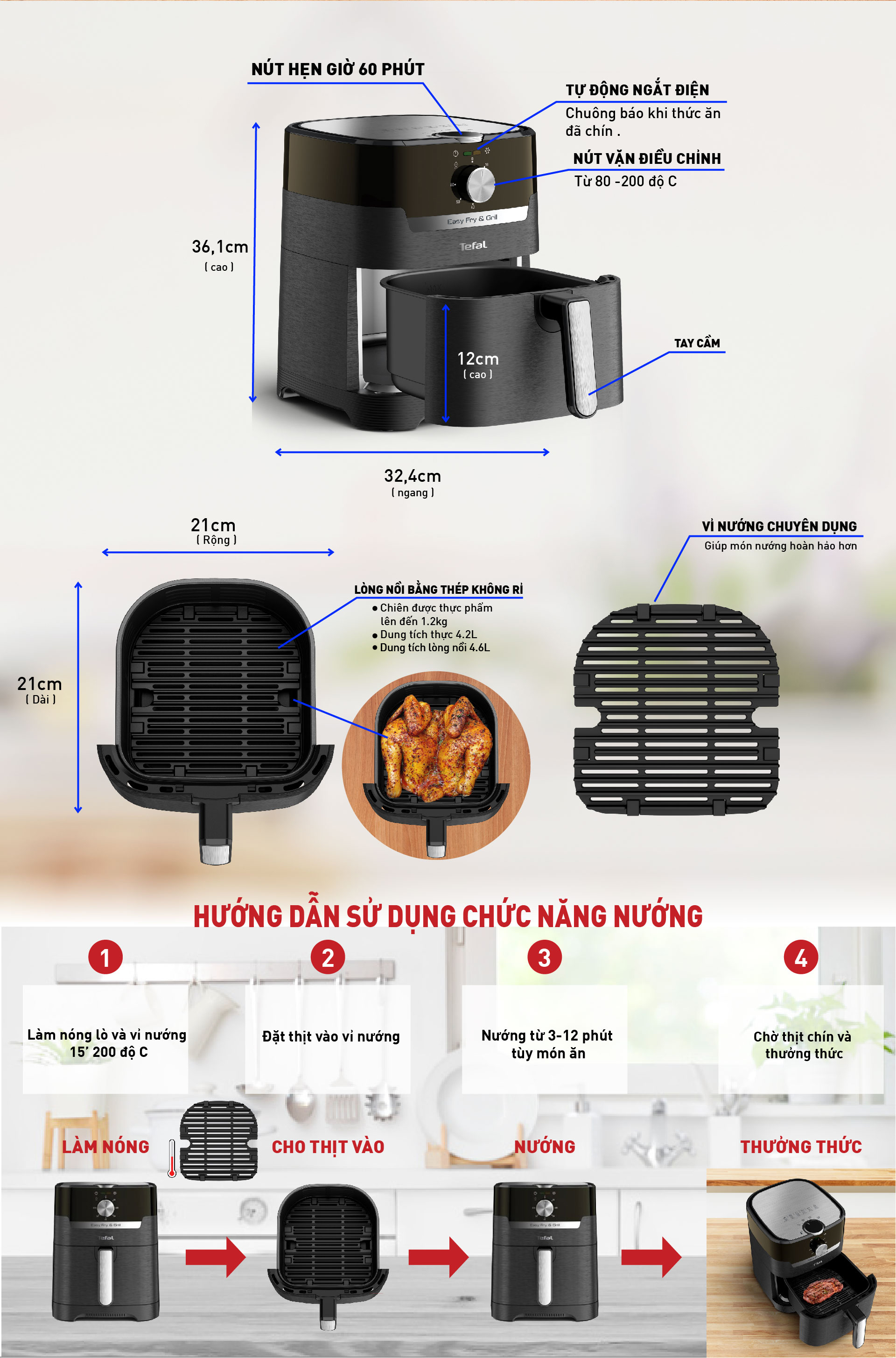 Nồi chiên, nướng không dầu cơ Tefal 2 trong 1 EY501815, Dung tích lòng nồi 4.6L / sử dụng 4.2L /1.2kg- Hàng chính hãng