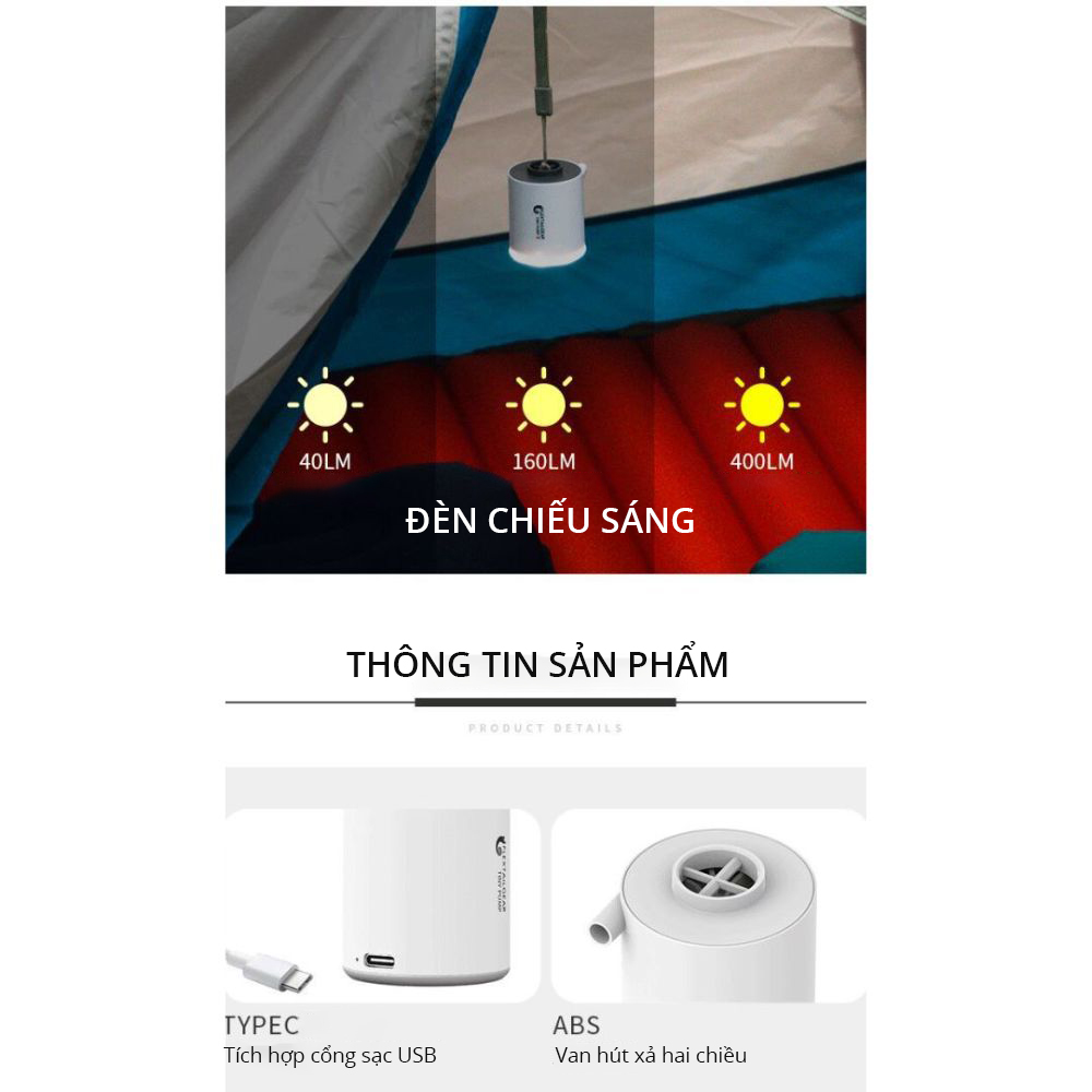 Bơm mini có pin sạc 2 chiều hút xả, kiêm đèn cắm trại đa năng du lịch, dã ngoại