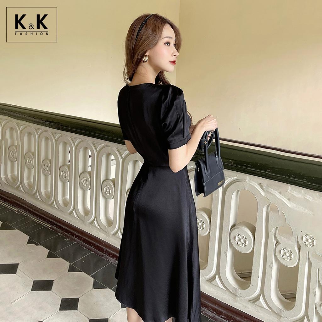 Đầm Đen Cổ Xòe Cổ Cut Out K&amp;K Fashion KK120-12 Chất Liệu Lụa Satin