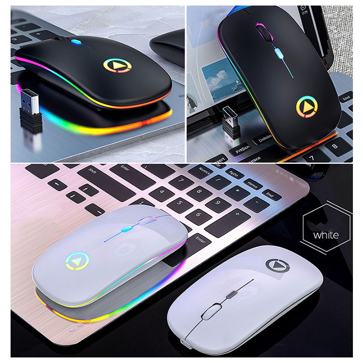 Chuột Không Dây Sạc Điện, Có Đèn Led 7 Màu Dùng Cho Laptop/ PC, Chống Ồn, Thiết Kế  Bền Đẹp, Nhỏ Gọn, Siêu Nhạy, Sạc Điện Nhanh,Dùng Được Lâu, Phù Hợp Cho Công Việc Văn Phòng, Tặng Lót Chuột Cao Cấp