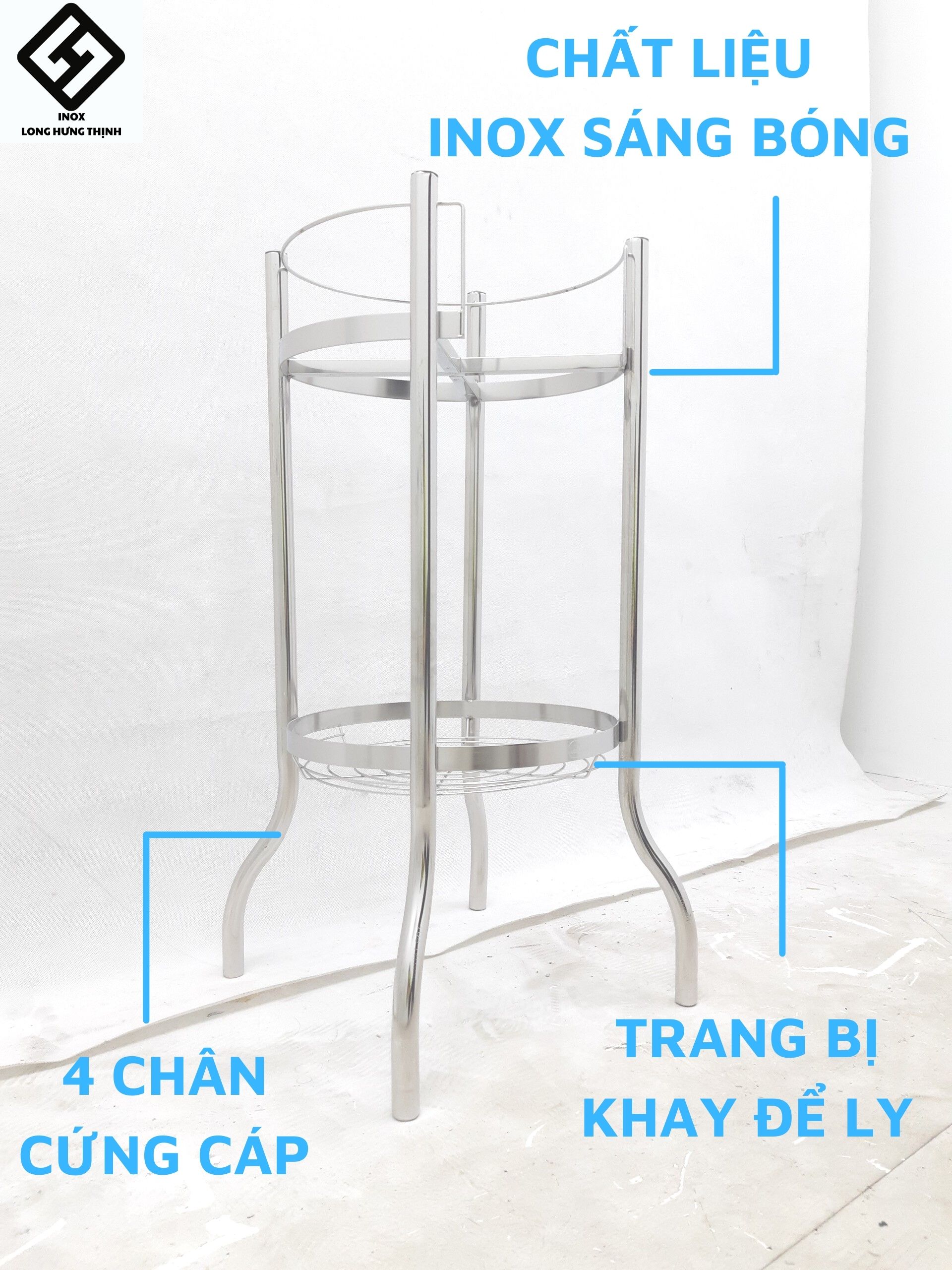 Chân Bình Lọc Nước INOX cao cấp, chân kệ, giá đỡ bình nước, 30x30x64 (cm), có khay đựng ly &quot;xoắn ốc&quot;, tặng kèm nút chân giúp cố định kệ.