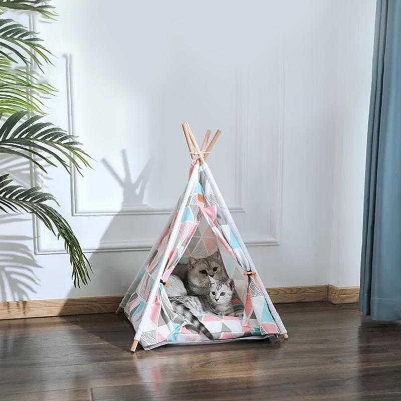 Nhà cho thú cưng chiếc lều phong cách Bohemian gồm khung gỗ tự nhiên kèm vải canvas nhiều màu sắc