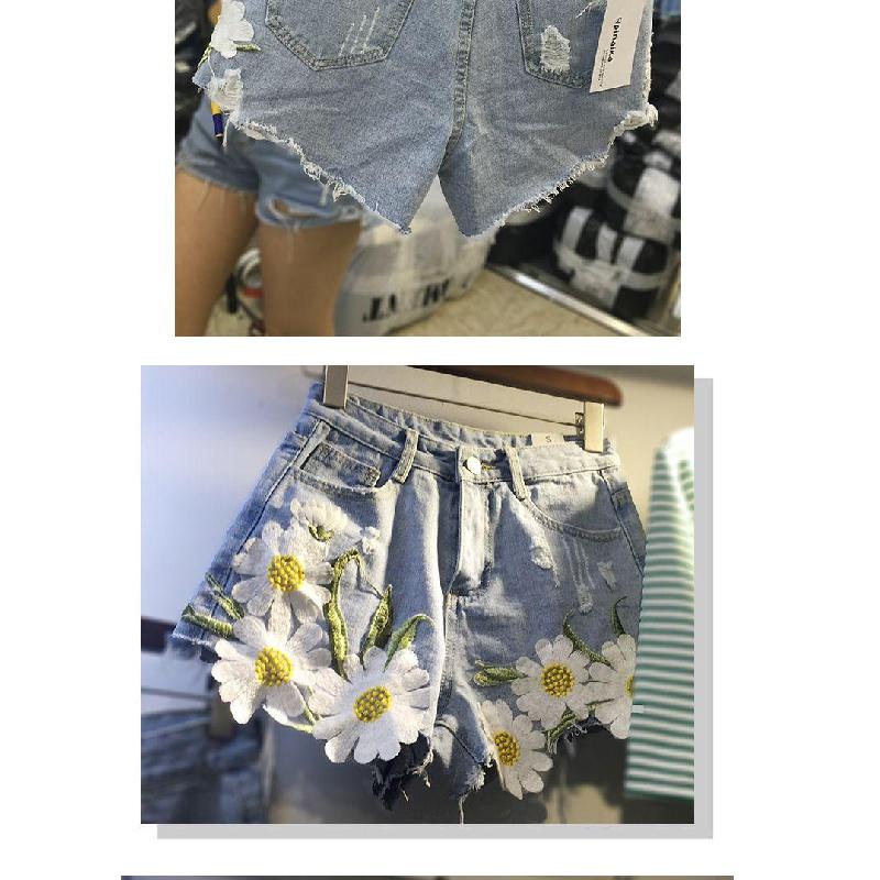 Quần Short Nữ Denim Lưng Cao Thêu Hoa Cúc Dáng Rộng Size Lớn mm200