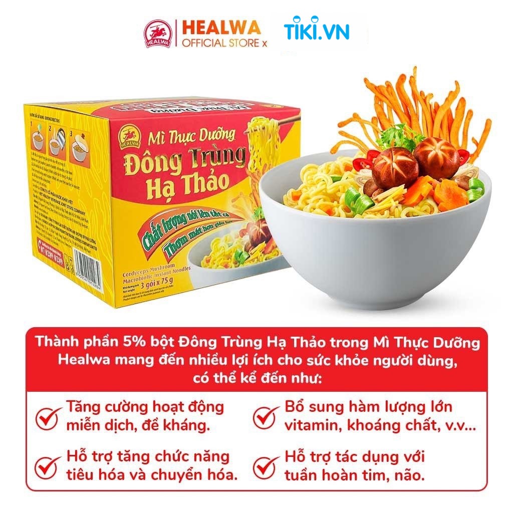 Mì thực dưỡng ăn liền Đông trùng hạ thảo Healwa (1 hộp x 3 gói x 75g) thơm ngon bổ dưỡng chay mặn đều dùng đượ