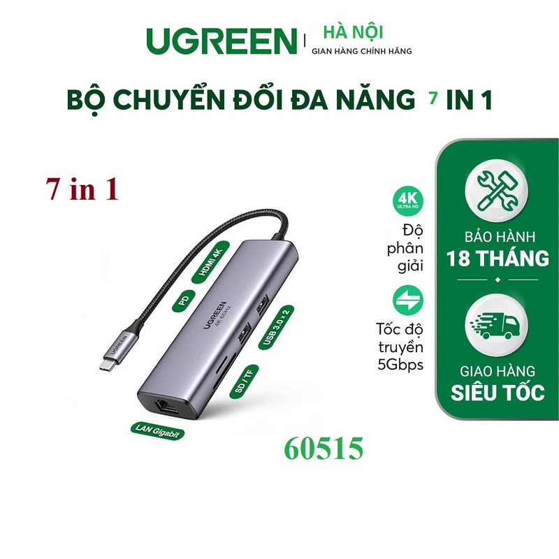 Bộ mở rộng 7 in 1 USB Type-C ra HDMI 4K@60hz/USB/LAN Gigabit/PD100W/SD/TF Ugreen 60515 hàng chính hãng