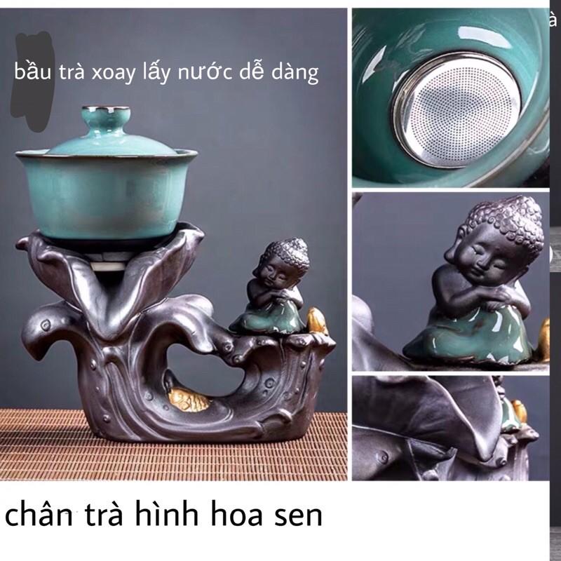 Bộ ấm chén pha trà đẹp cối xay kungfu Tử sa gốm sứ cao cấp,Bộ chén uống trà đạo 18 chi tiết chú tiểu màu xanh-M04