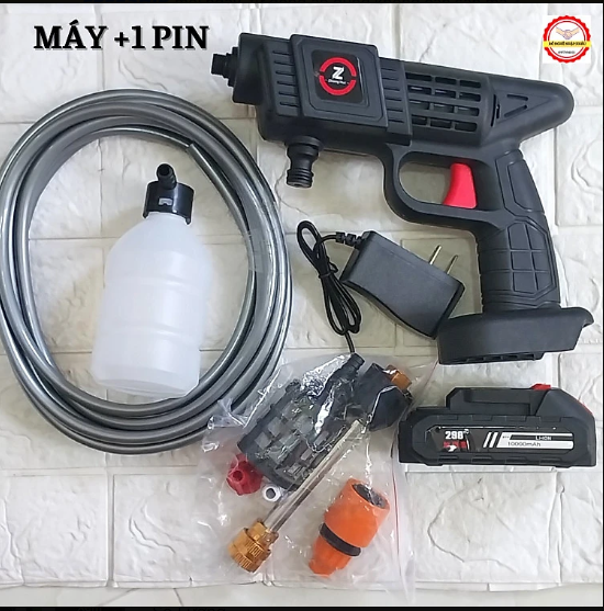 MÁY RỬA XE , TƯỚI CÂY DÙNG PIN 199V - BOX FULL PHỤ KIỆN - 1 PIN, 1 SẠC, ống nước, vòi phun, bình xà bông