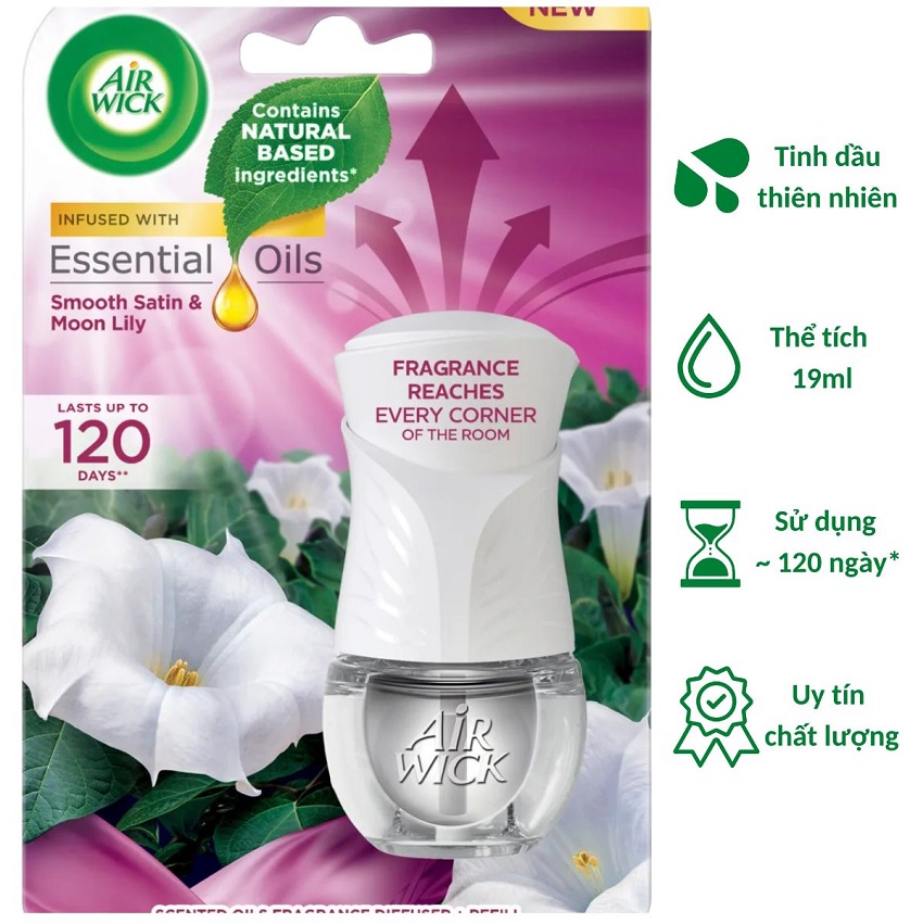 Bộ Tinh Dầu Cắm Điện Air Wick AWI2472 Smooth Satin &amp; Moon Lily 19ml (Hương hoa lily), sử dụng điện 220V