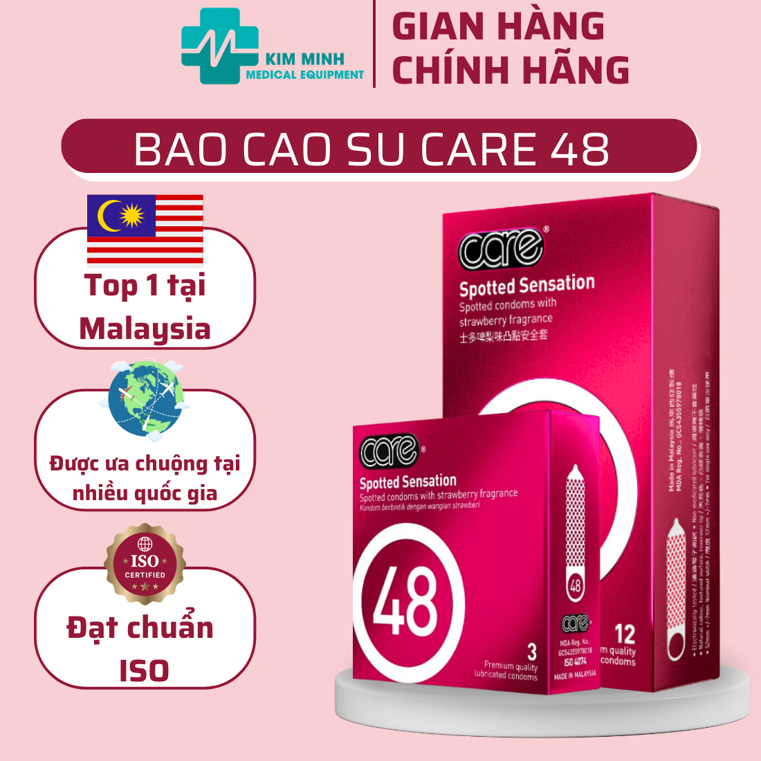 Bao cao su có gai CARE 48 bcs có gai, hương dâu, nhiều gel bôi trơn hộp 3, 12 chiếc