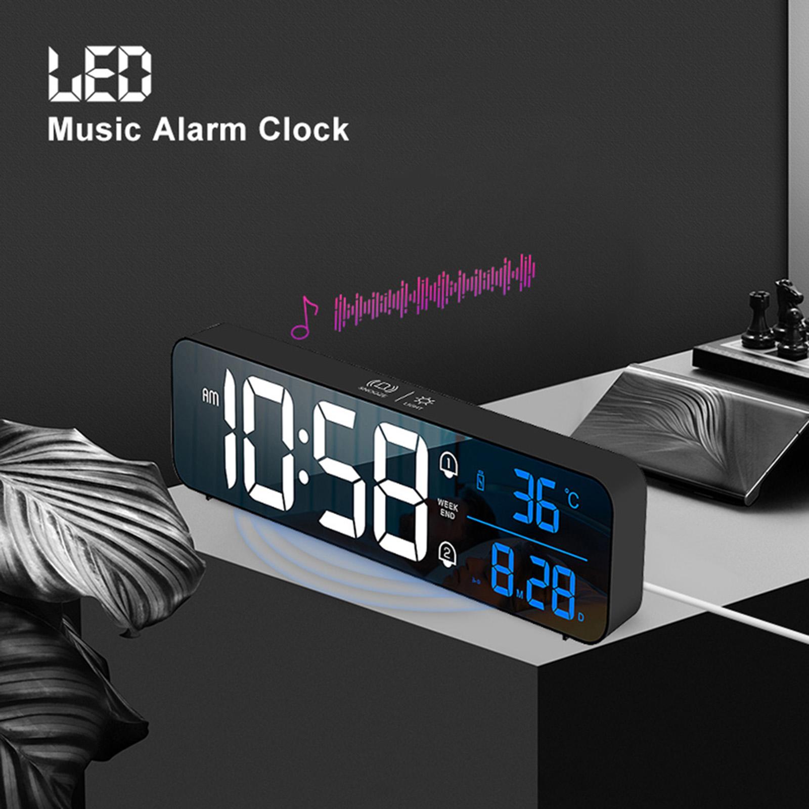 Living Room Mirror Large Digital Alarm Clock LED with Temperature 40 Music 4 Volume, Wall Clock