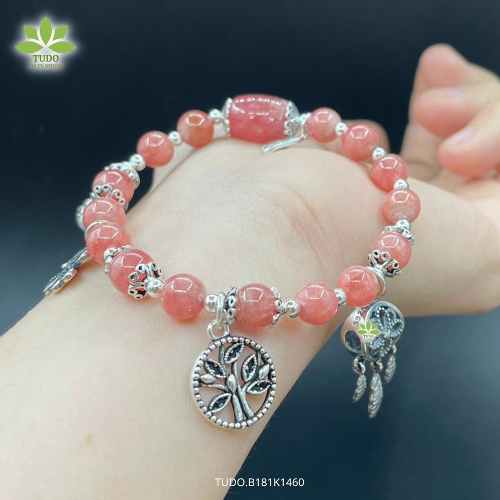 Vòng Tay Nữ Đẹp - Vòng Phong Thủy Đa Mệnh TUDO B181K1460 VCBDAOH hồng, Charm Bạc Cây Mộc, Dreamcatcher, Mèo Thần Tài