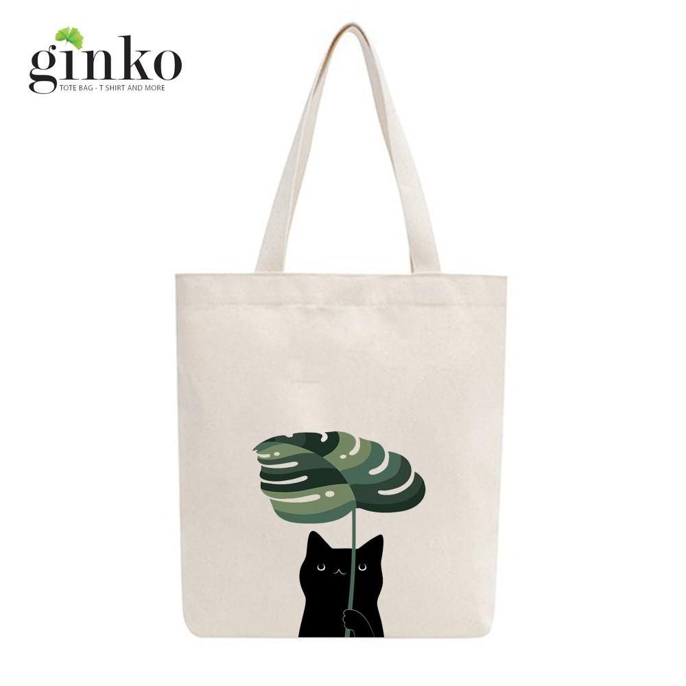 Túi Tote Vải Mộc Ginko kiểu basic có dây kéo khóa miệng túi đựng vừa laptop 14 inch và nhiều đồ dùng khác In Hình Cat With Leaf M09