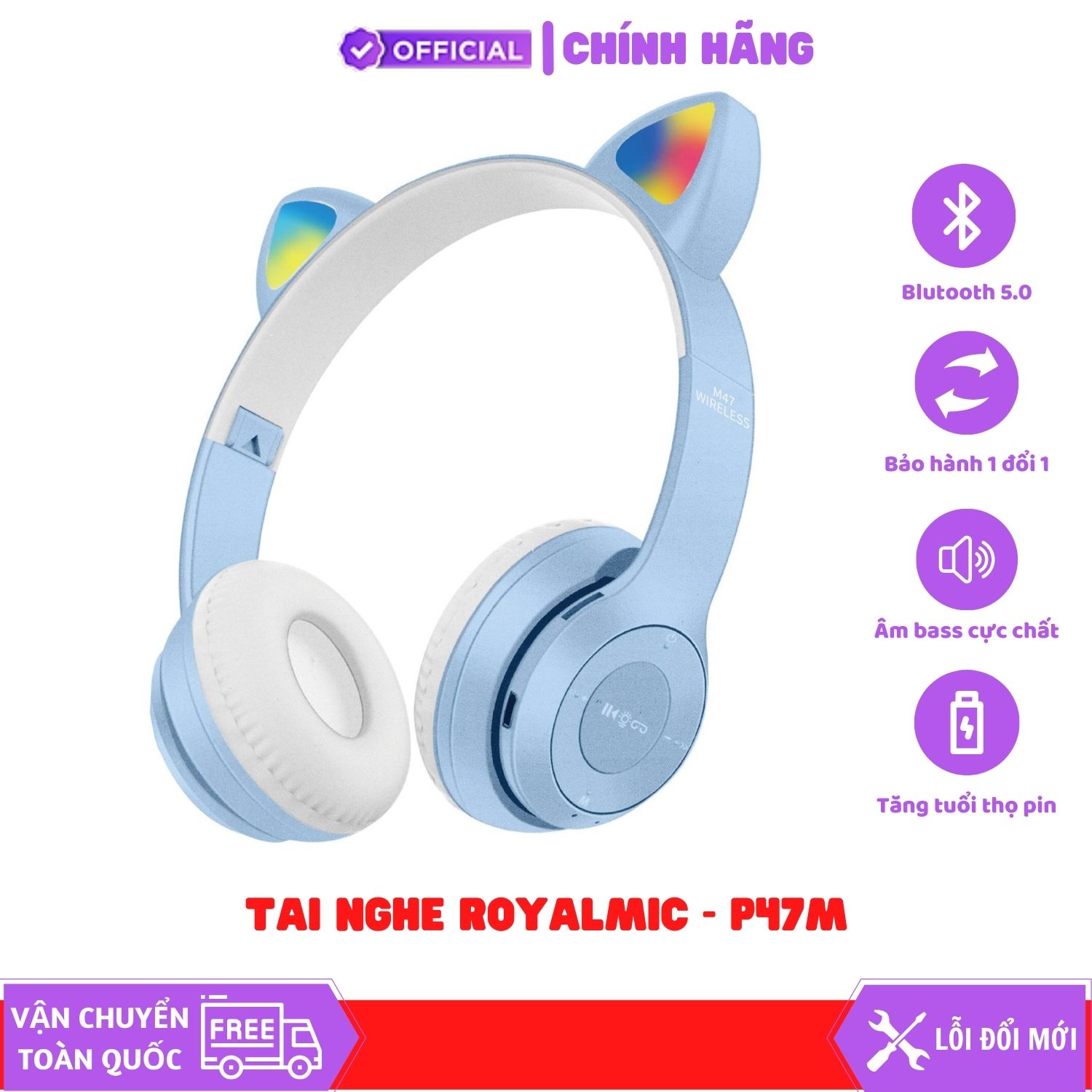 Tai Nghe Mèo Bluetooth ROYALMIC P47M Chụp Tai, Tai Mèo Dễ Thương Có Mic, Âm Bass Mạnh Mẽ - Hàng Chính Hãng