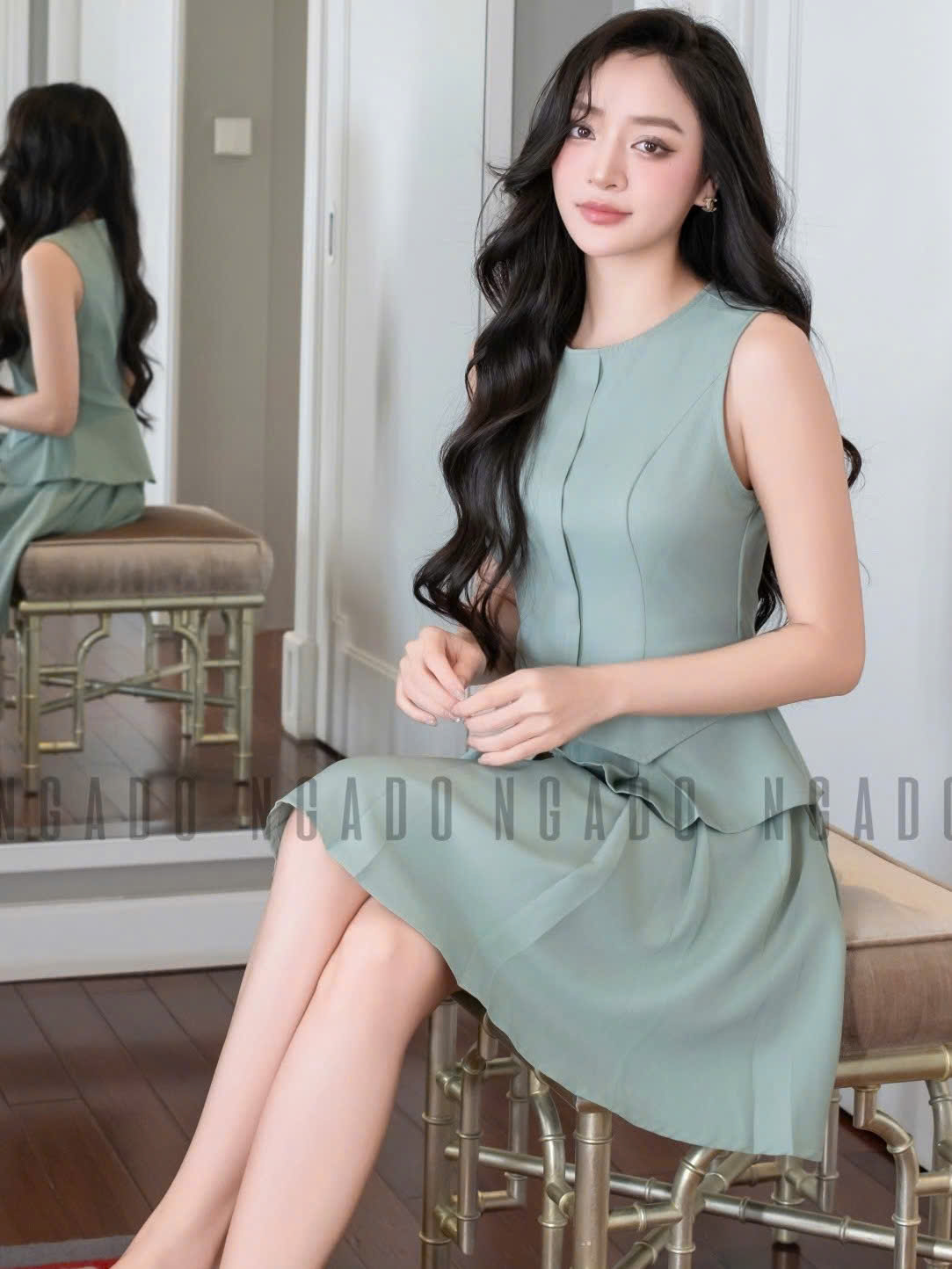 Set áo váy xanh mint xếp ly NGADO , set áo váy ngắn , set áo váy nữ , set công sở
