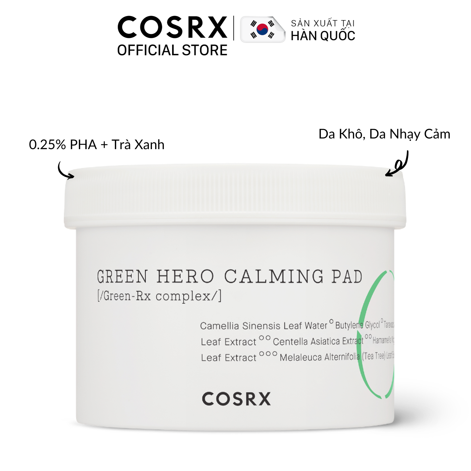 Bông Tẩy Tế Bào Chết Hoá Học Dưỡng Ẩm Và Dịu Da (0.25 % PHA + Trà Xanh) COSRX One Step Green Hero Calming Pad 70 Miếng