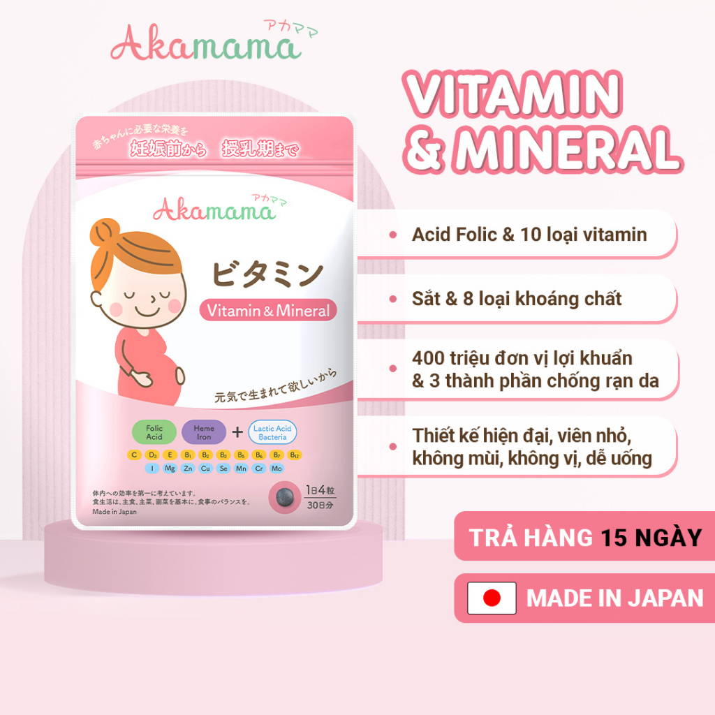 Sắt, Acid Folic, Vitamin Tổng Hợp, Khoáng Chất Cho Mẹ Bầu, Hỗ Trợ Tiêu Hoá, Hạn Chế Rạn Da, Viên Nhỏ, Không Mùi, Vị, Dễ Uống, Akamama Nhật Bản Túi 120 Viên