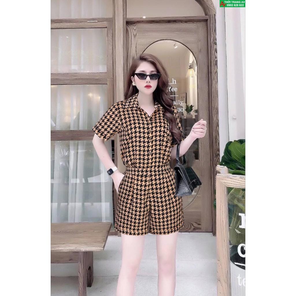 AV6528 - Bộ áo sơ mi tay dài và quần short đen họa tiết ziczac