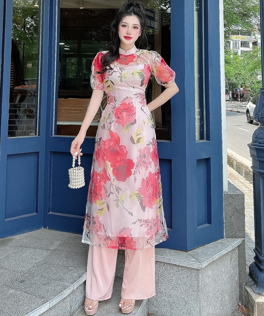 Áo dài cách tân tay phồng in hoa 4 tà cao cấp AD32 - Lady fashion