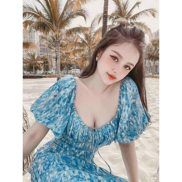 ĐẦM XÒE HỌA TIẾT XANH TRỄ VAI