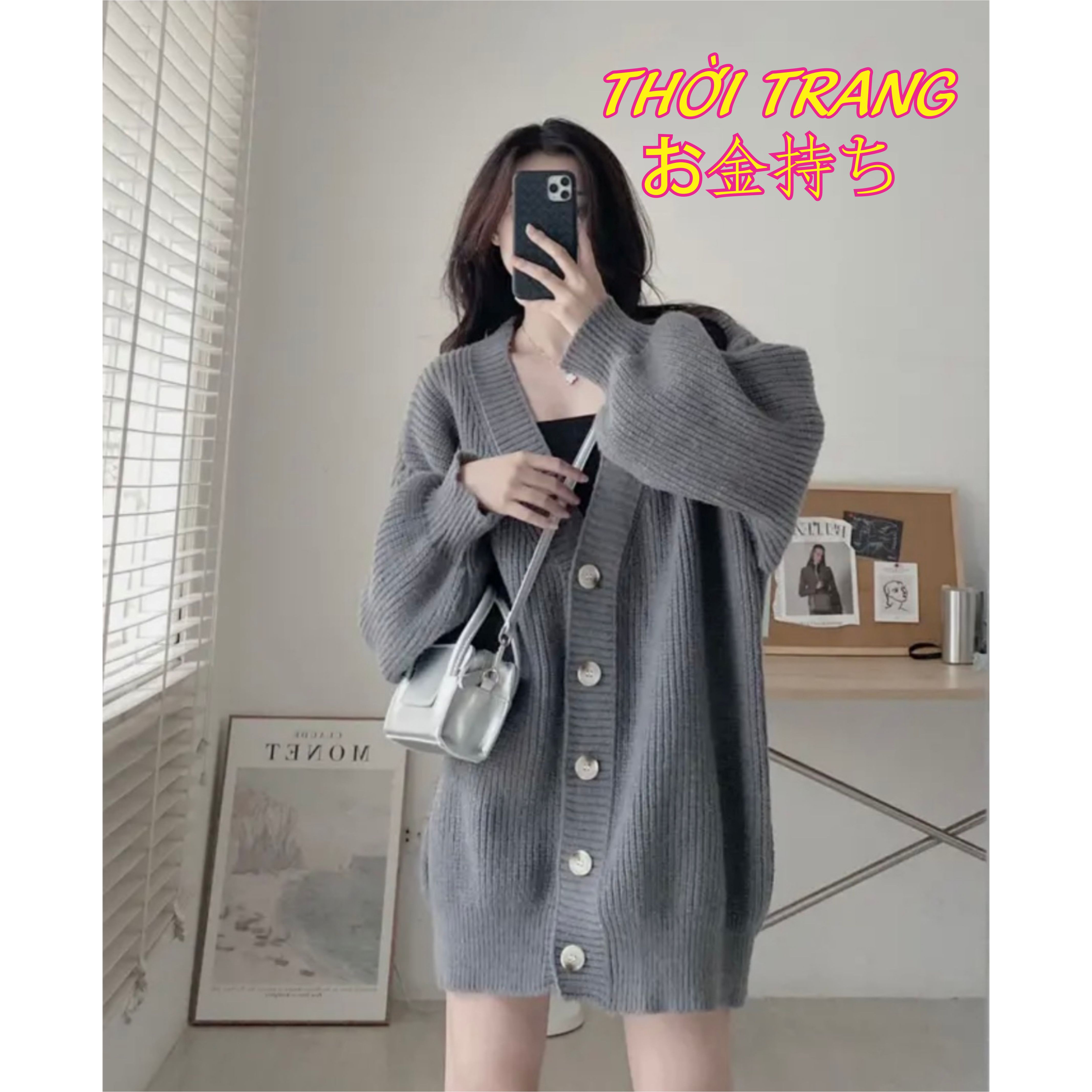 SẴN Áo khoác len cổ V cardigan có khuy 2 túi trước oversize trùm mông ulzzang thu đông 171