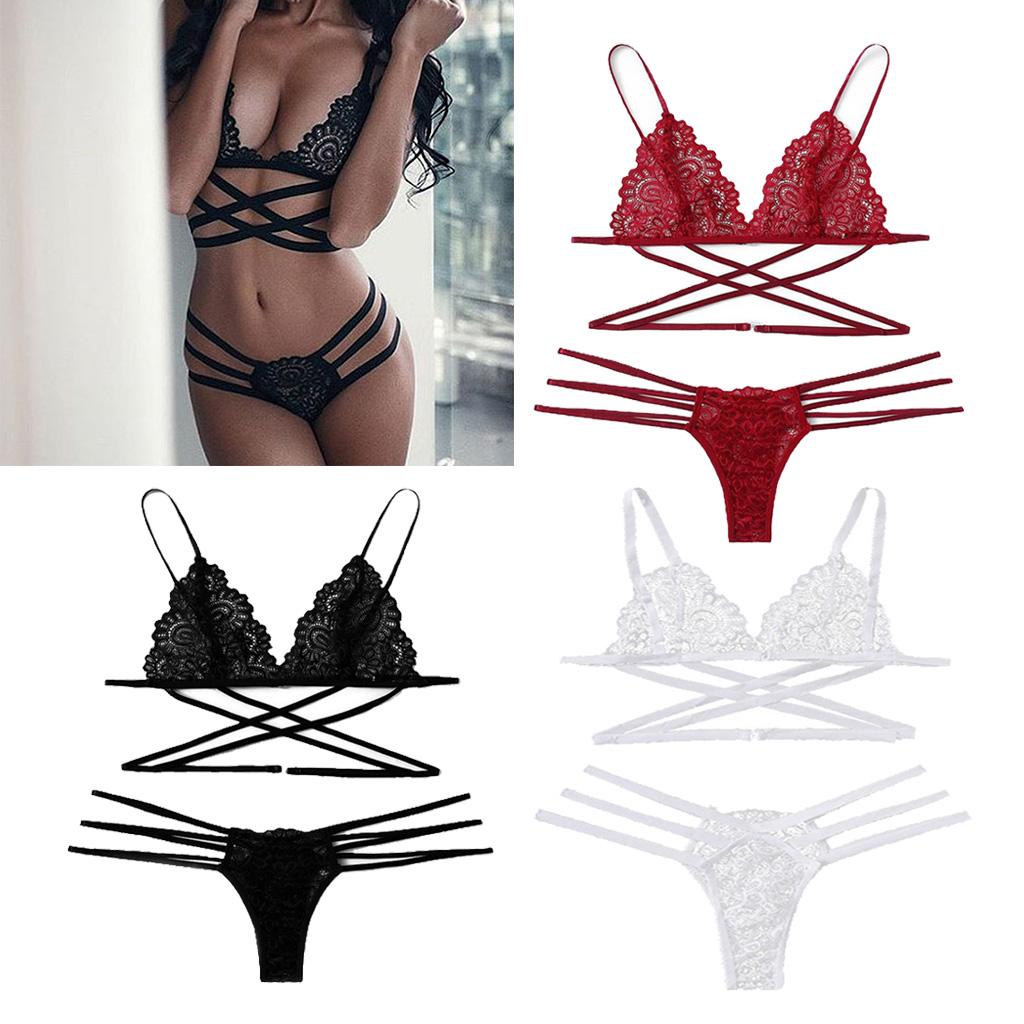 Womens 2 Piece Lace Hollow Perspective Bikini Swimsuit Beach Swimwear Set Black