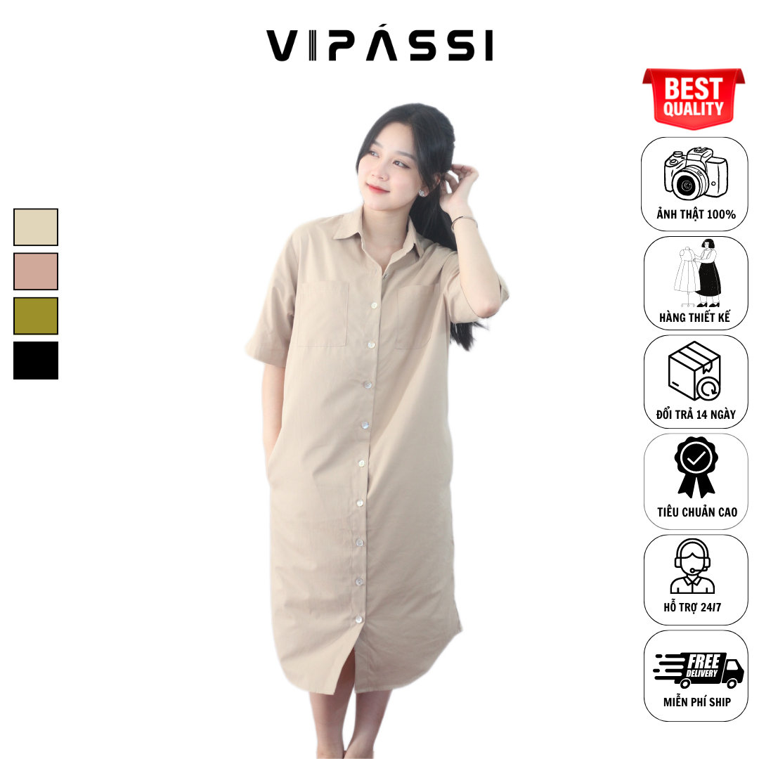 VIPASSI Đầm Suông Dài Linen Cổ Sơ Mi Cài Nút Tay Ngắn 2 Túi Đối Xứng