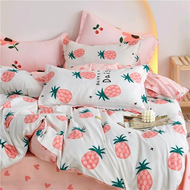 Bộ chăn ga gối Cotton poly M2T bedding, vỏ chăn mền, drap ga giường và 2 vỏ gối - PL quả dứa hồng