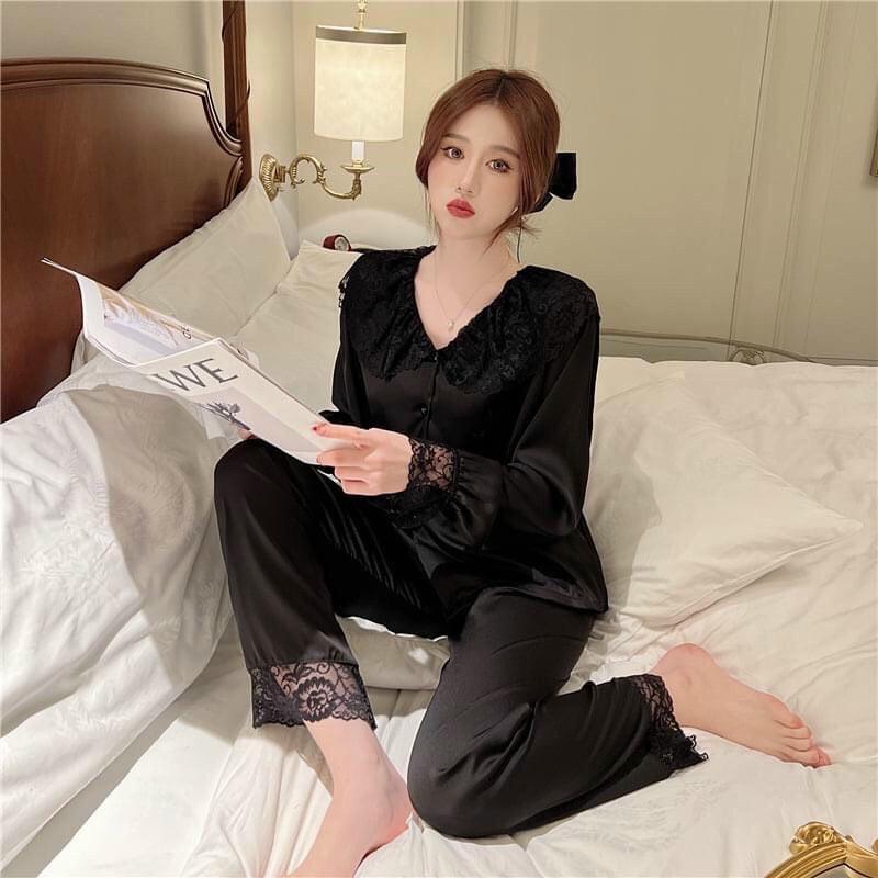 Đồ Bộ Pijama Lụa Cổ Phối Ren Tay Dài Quần Dài Mặc Nhà Hàng Chuẩn Đẹp Sang Trọng Cao Cấp QC635285