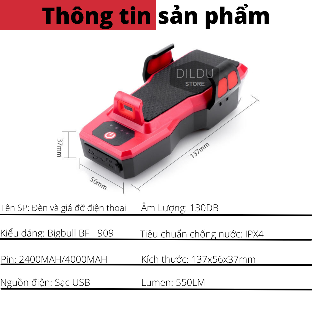 Đèn Xe Đạp kèm Giá Đỡ Xe Đạp 2in1 3 bóng BF-909, 4 chế độ sáng - Tiết Kiệm Không Gian Xe - Siêu Sáng - Sạc USB - Pin 2400mah - Hàng chính hãng cao cấp