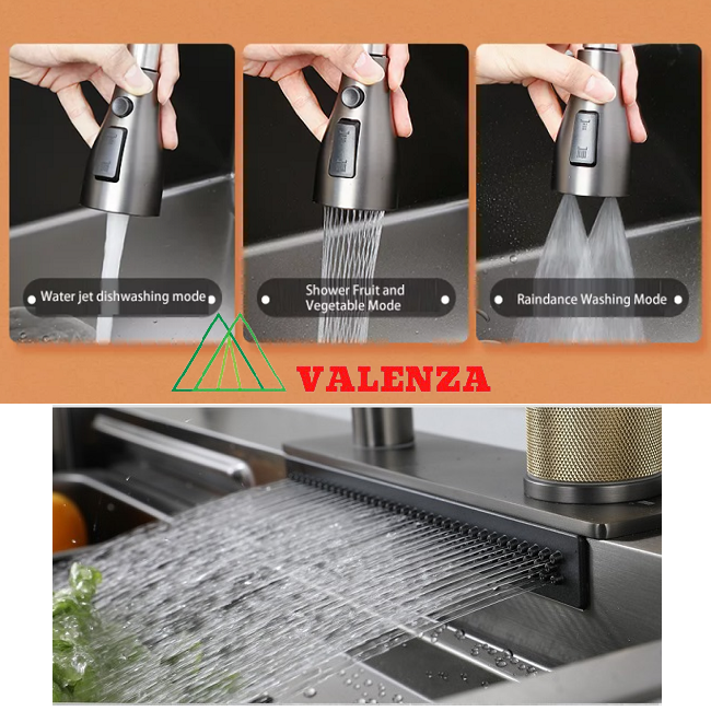 Chậu rủa chén bát 1 hố lớn Valenza 78x46cm inox304 dày 3,5li kèm vòi liền thác nước, vòi rút dây 3 chế độ, 2 khay inox, thớt gỗ và bộ xả chậu thoát nhanh chống hôi-Hàng chính hãng