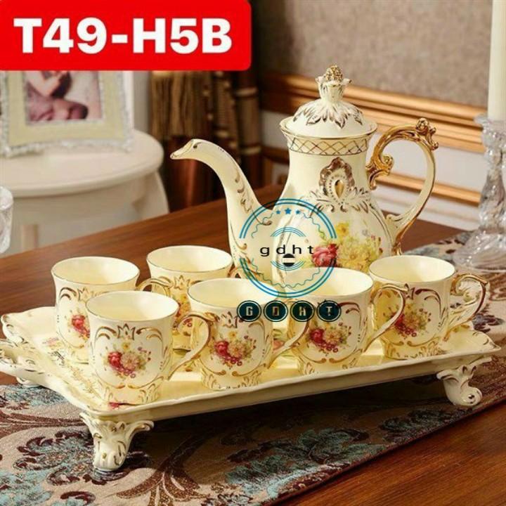 BỘ BÌNH TRÀ KÈM KHAY CHÙM HOA MẪU ĐƠN VIỀN VÀNG, PHONG CÁCH HOÀNG GIA CAO CẤP