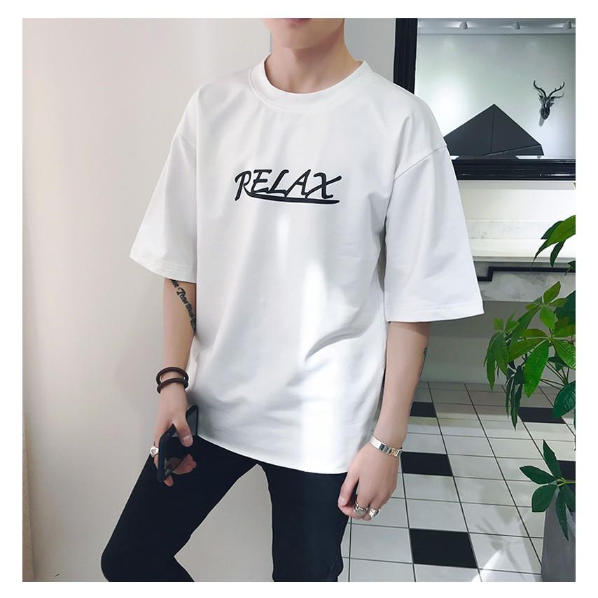 Hình ảnh Áo Thun Nam nữ form rộng tay lỡ màu trắng,Áo Thun Tay Lỡ Form Rộng Unisex Nam Nữ in chữ RELAX chất cotton siêu mịn,Jins Store