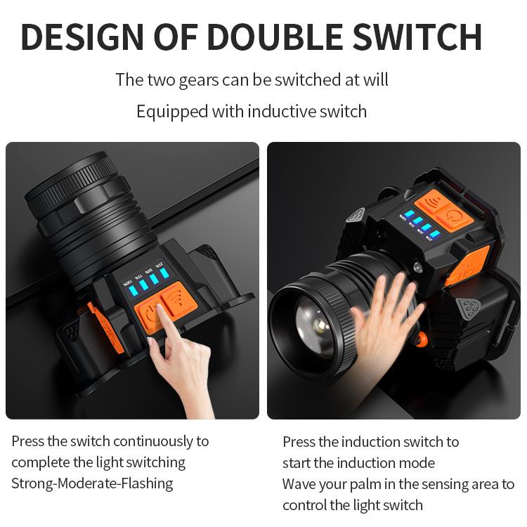 Đèn pha LED có thể sạc lại siêu sáng USB Đèn đầu cảm biến chuyển động có thể điều chỉnh 3 chế độ Đèn pha có thể phóng to