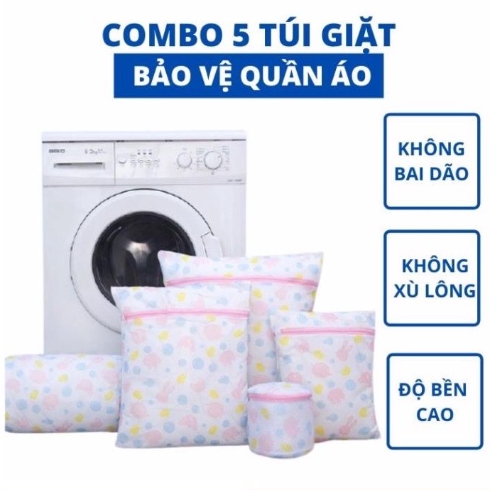 Sét 5 túi lưới đựng đồ giặt , với nhiều kích thước giúp bảo vệ quần áo không bị hỏng  khi giặt bằng máy giặt vô cùng tiện lợi