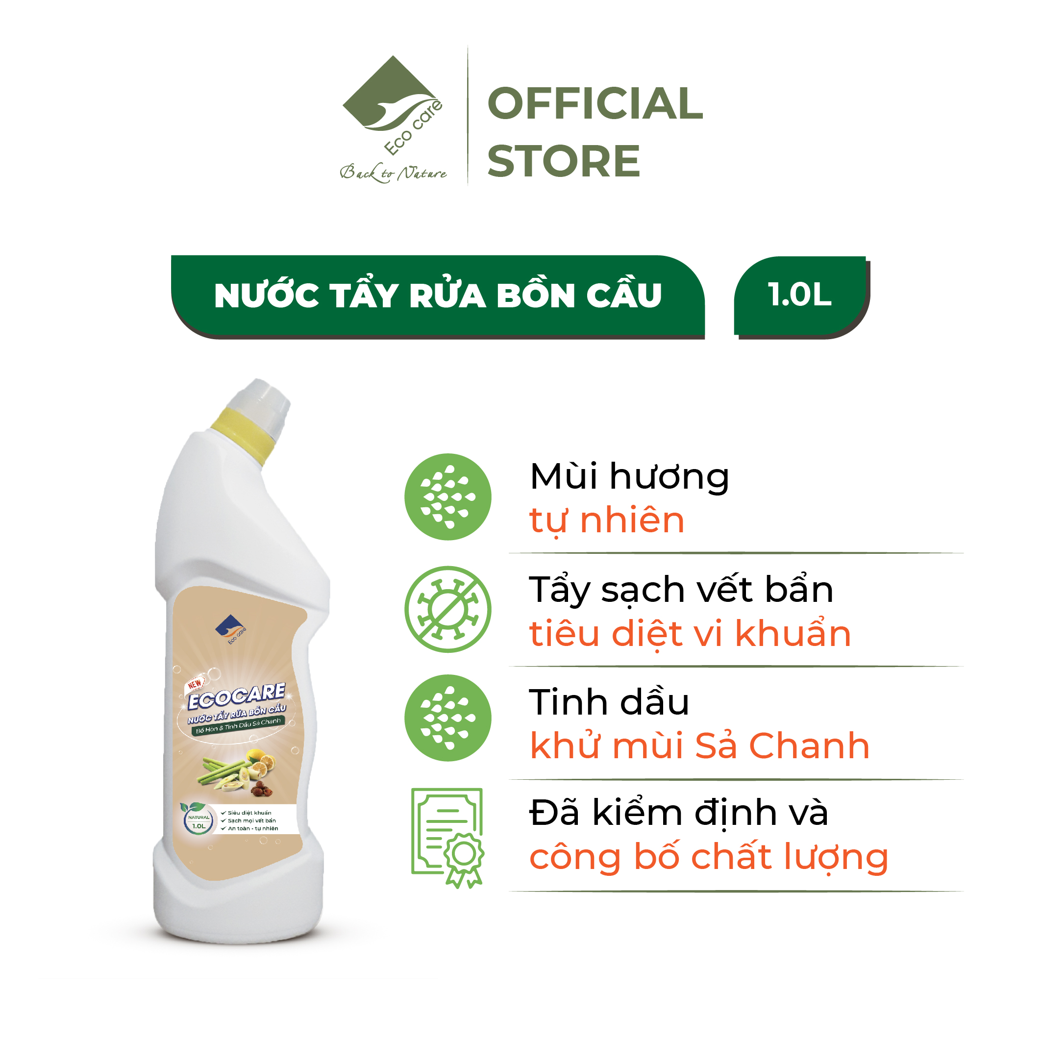 Nước tẩy rửa bồn cầu Hữu cơ diệt khuẩn Ecocare với tinh chất Sả chanh 1000 ml