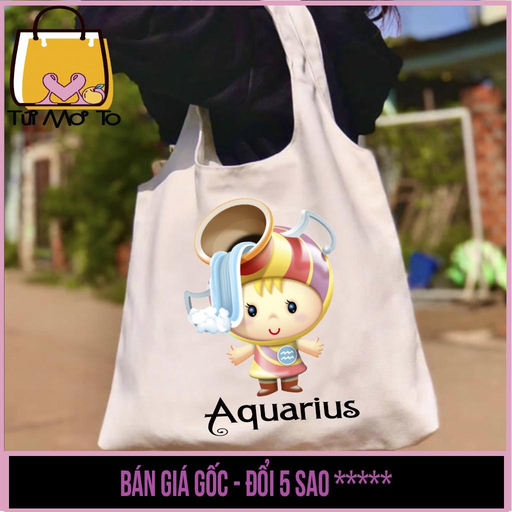 Túi tote túi vải túi canvas quai tròn có khóa kéo in hình 12 CUNG HOÀNG ĐẠO - Cung Bảo Bình (Aquarius) - Túi Mơ To store