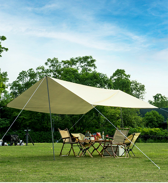 Bộ Tấm tăng tarp màu be che nắng, che mưa che lều cắm trại picnic đủ phụ kiện dây cọc chống và túi