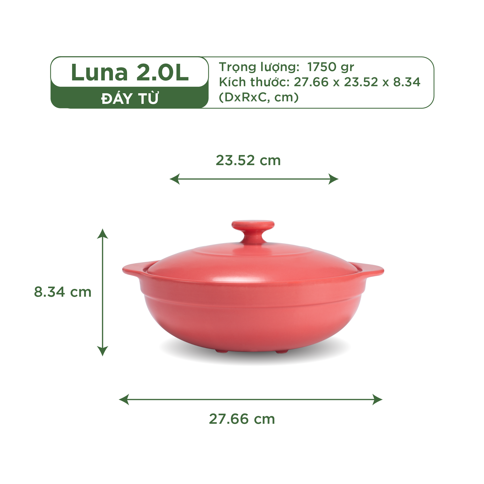 Nồi Sứ Dưỡng Sinh Minh Long Healthy Cook Luna 2L - Dùng Cho Bếp Từ