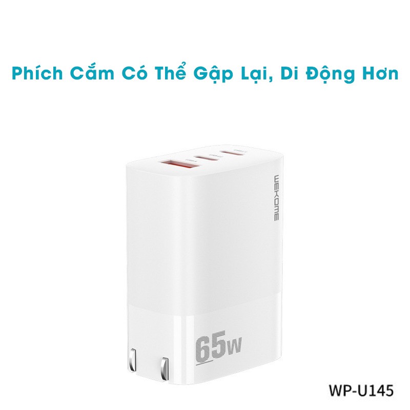 Củ Sạc Nhanh Đa Năng 65W WEKOME - WP U145, 2 Cổng C - 1 USB - Hàng Chính Hãng