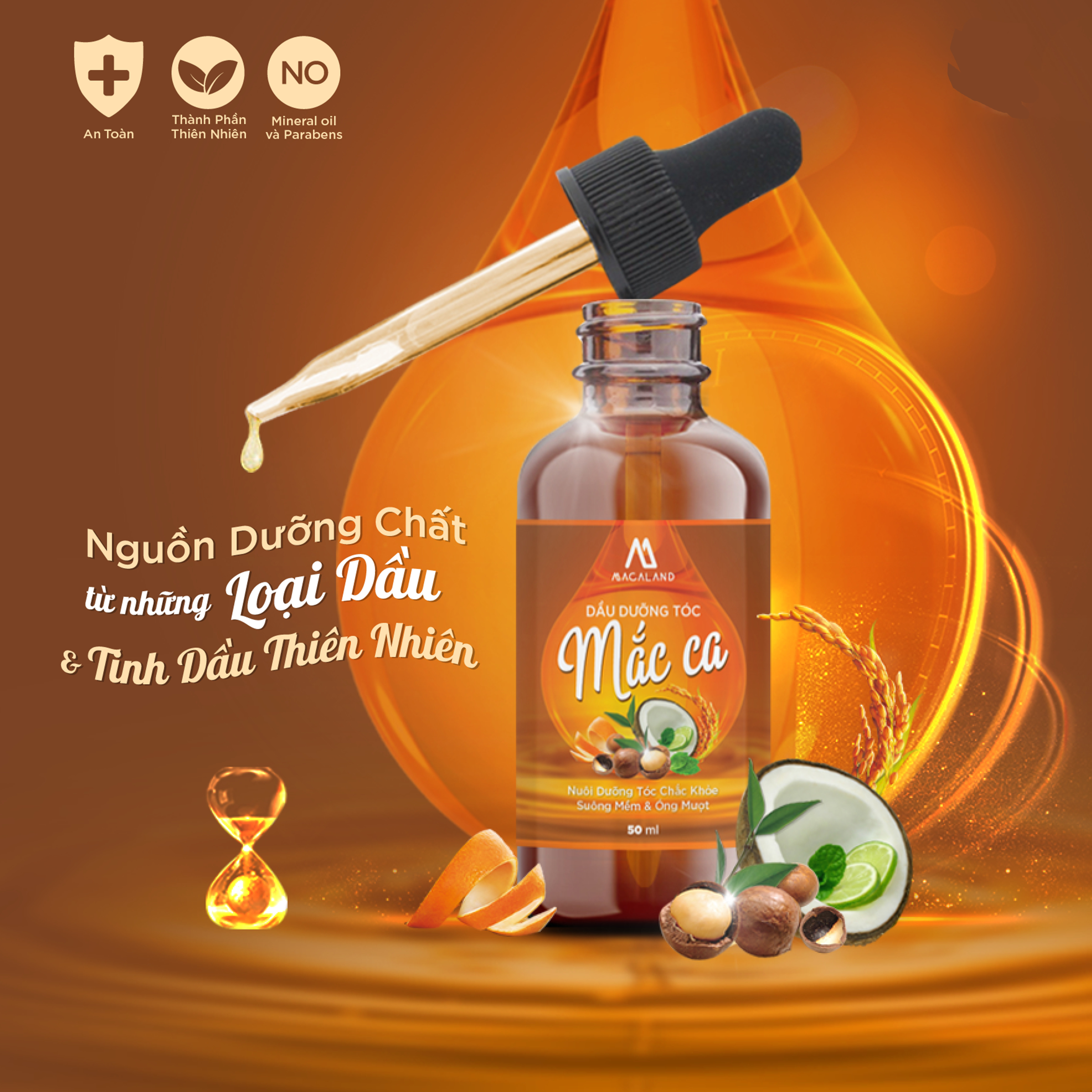 Dầu dưỡng tóc Macadamia 50ml MACALAND công dụng nuôi dưỡng mái tóc bồng bềnh và chắc khỏe giảm gãy rụng hương thơm nhẹ nhàng an toàn cho mọi loại tóc hàng chính hãng công ty, xuất xứ Việt Nam