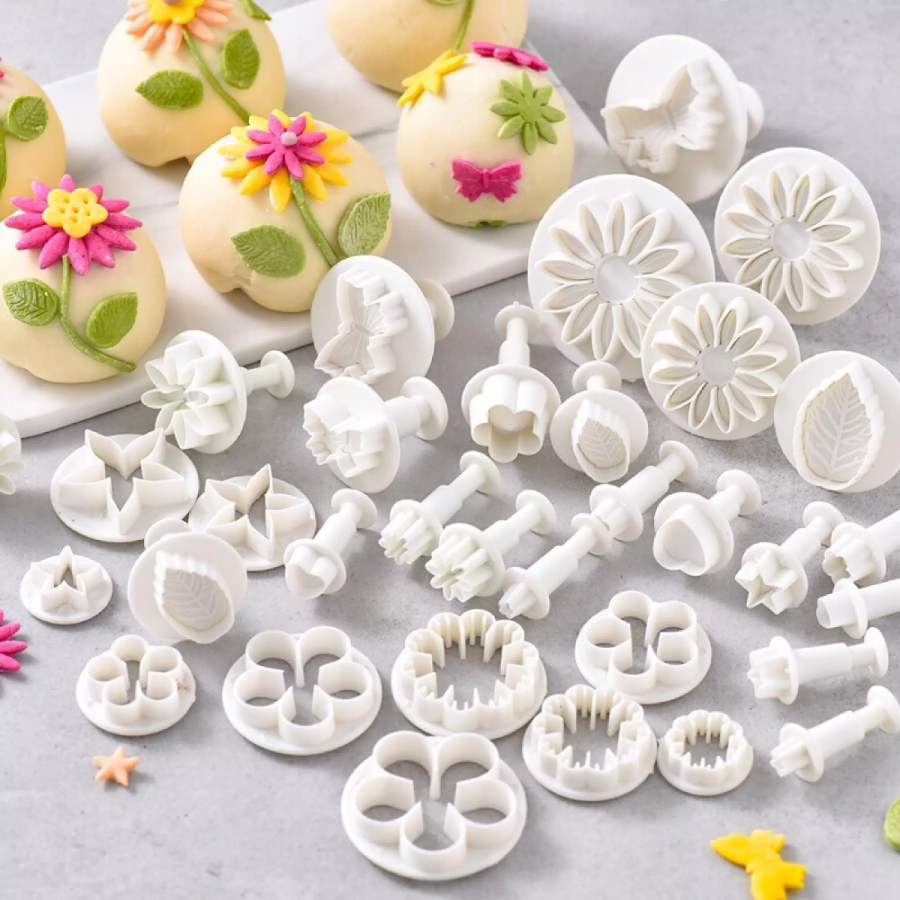 Bộ Khuôn 3D vói 36 món - Khuôn FONDANT tạo hình HOA, LÁ, Ngôi SAO, TIM, BƯỚM + Bộ vét. Dụng cụ tạo hình phụ kiện TRANG TRÍ các loại bánh Kem Qui Bao Trung thu, Bánh Mì. Bộ Khuôn nhấn lò xo Sử dụng ĐA NĂNG tạo hình Đất Sét ĐỒ CHƠI chó bé học tập SÁNG TẠO