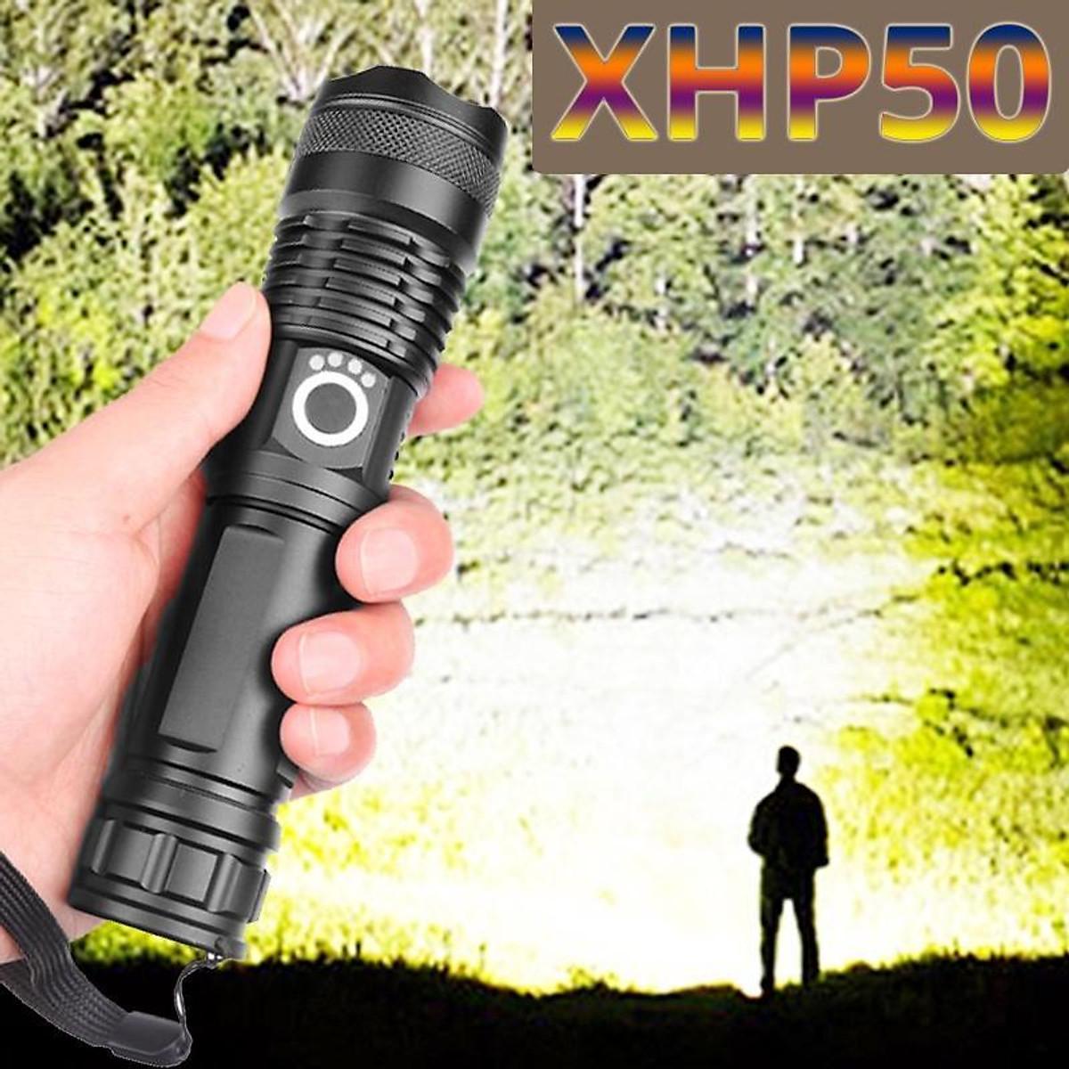 Đèn pin siêu sáng XHP50 bản cao cấp đèn led chiếu xa chống nước, chiếu xa 300m, sạc pin tiện lợi Độ sáng 1800 lumens