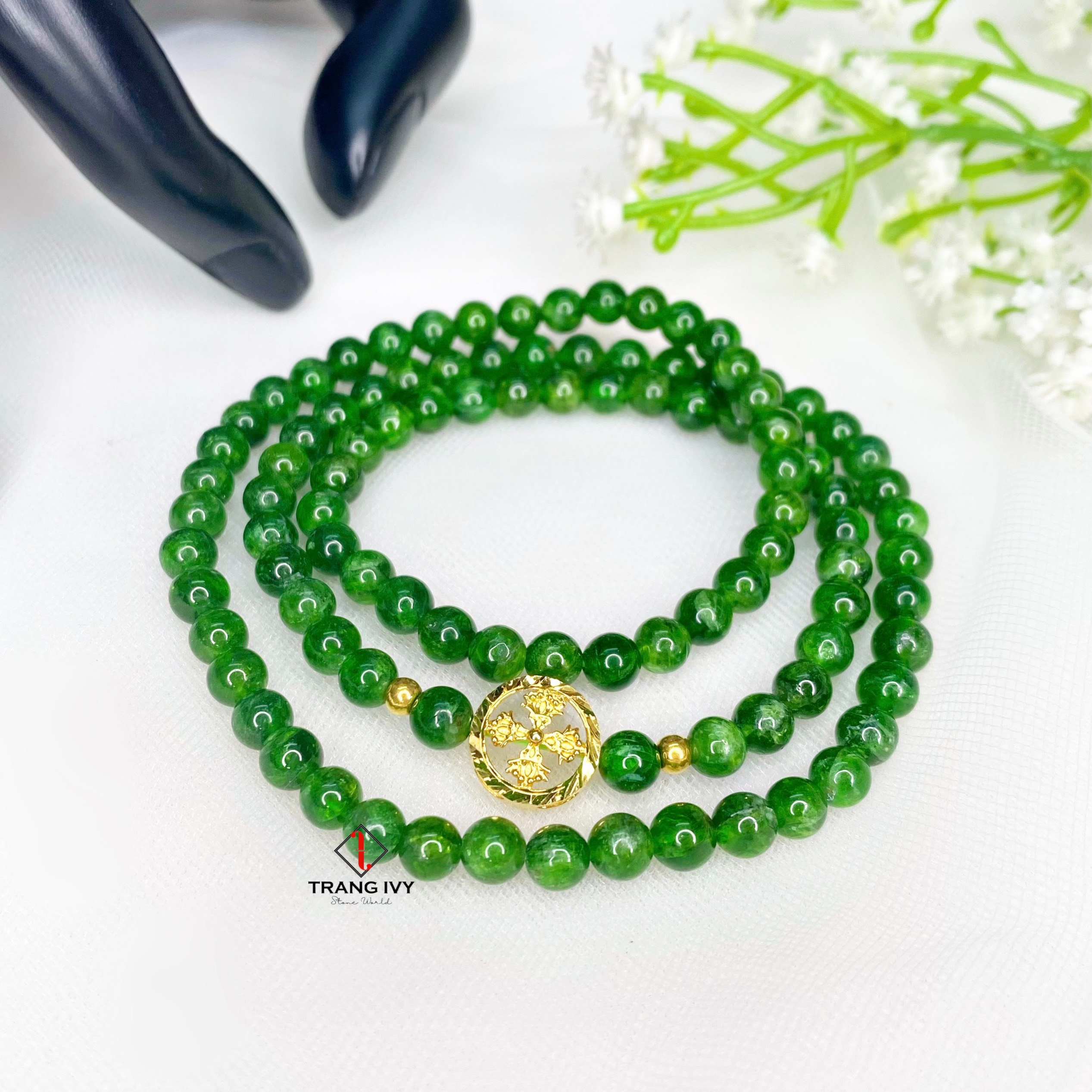 Vòng Tay Đá Diopside Mix Charm Pháp Luân Vàng