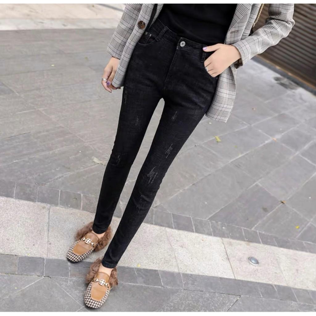 Quần jean dài BIG SIZE muối tiêu đen cào xước lưng cao co dãn mạnh 3196